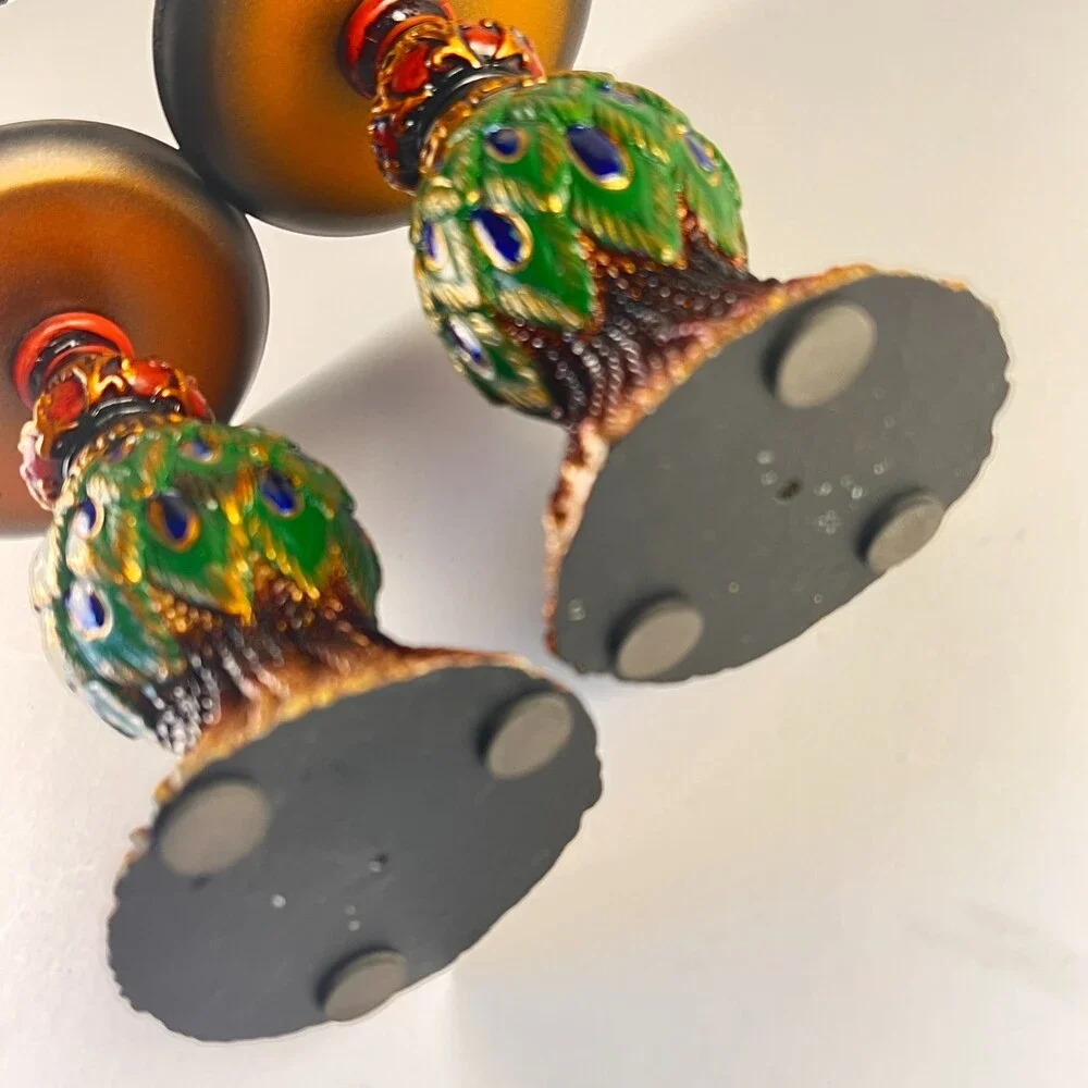 Pair of Vintage Peacock Feather Candle Holders Painted Resin Pillar Stand Decor